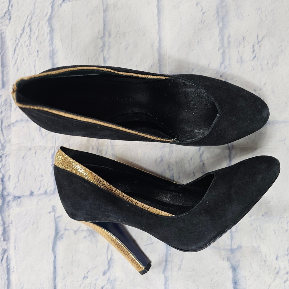 Rebecca Minkoff Pumps Womens 7M Black Gold Suede Metallic Trim Stiletto Heel